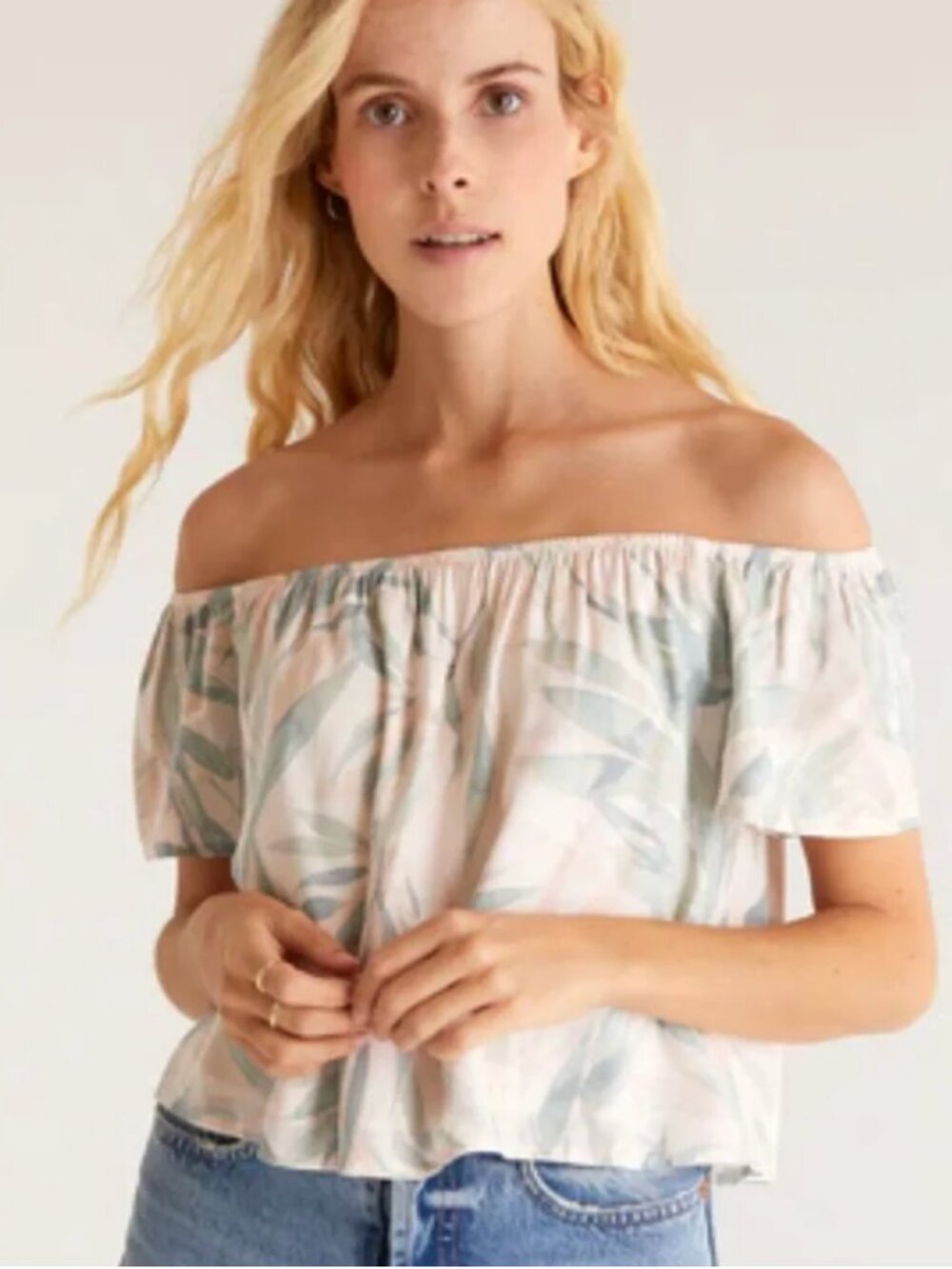 Z Supply Cream Blouse with Sage Leaf Print